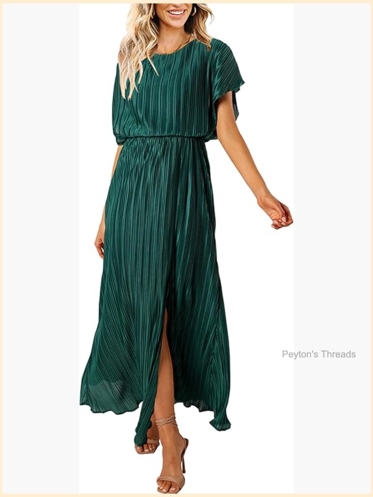 Women's Maxi Dress Pleated Long Slit Short Sleeve Crew Neck Empire Waist